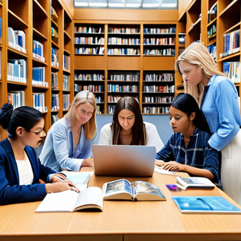 **A diverse group of people studying real estate materials (books, laptops with online courses) together in a bright, modern library setting. Emphasis on collaboration and using various learning resources. Consider including visual elements related to real estate like blueprints or architectural models.**