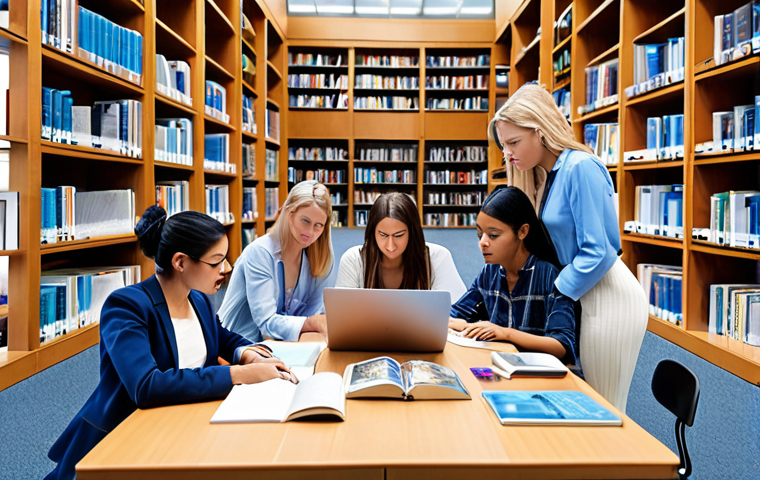 **A diverse group of people studying real estate materials (books, laptops with online courses) together in a bright, modern library setting. Emphasis on collaboration and using various learning resources. Consider including visual elements related to real estate like blueprints or architectural models.**