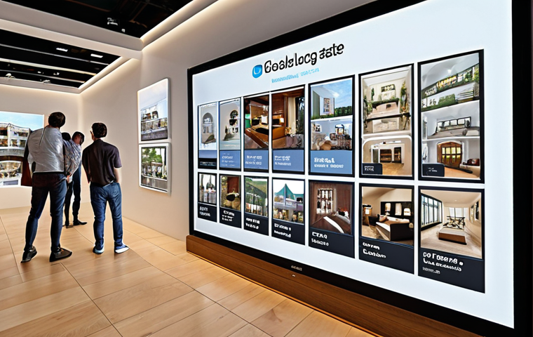 **A bustling global real estate marketplace with digital displays showcasing properties from around the world. Incorporate elements of online platforms, virtual reality tours, and digital marketing campaigns. The scene should convey a sense of innovation and accessibility.**