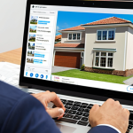 **Image Prompt:** A modern real estate agent working on a laptop, showcasing online property listings with diverse houses, a virtual tour interface displayed on the screen, alongside CRM software interface, highlighting the integration of technology and customer relationship management in real estate, in a bright, professional office setting.