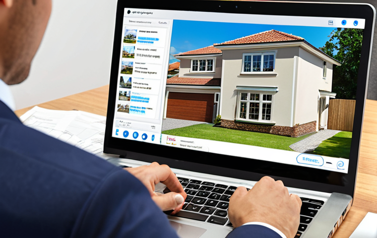 **Image Prompt:** A modern real estate agent working on a laptop, showcasing online property listings with diverse houses, a virtual tour interface displayed on the screen, alongside CRM software interface, highlighting the integration of technology and customer relationship management in real estate, in a bright, professional office setting.