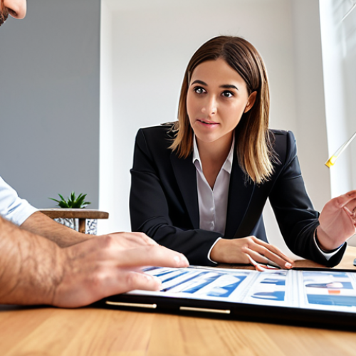 Home 25 **A property consultant advising a client, showcasing market trends and investment opportunities.** (Focus: Professionalism, Trust, Growth)