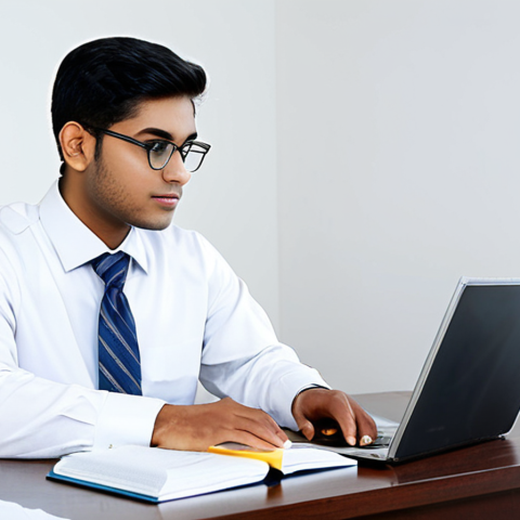 A professional, focused South Asian male or female student, dressed in modest business casual attire, diligently studying at a well-organized desk in a bright, modern home office. The desk features open textbooks on real estate, neat notes, and a laptop displaying study material. The atmosphere is calm and conducive to learning. Natural pose, perfect anatomy, correct proportions, well-formed hands, proper finger count, natural body proportions, professional photography, high quality, fully clothed, appropriate attire, modest clothing, safe for work, appropriate content, family-friendly.