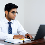 A professional, focused South Asian male or female student, dressed in modest business casual attire, diligently studying at a well-organized desk in a bright, modern home office. The desk features open textbooks on real estate, neat notes, and a laptop displaying study material. The atmosphere is calm and conducive to learning. Natural pose, perfect anatomy, correct proportions, well-formed hands, proper finger count, natural body proportions, professional photography, high quality, fully clothed, appropriate attire, modest clothing, safe for work, appropriate content, family-friendly.