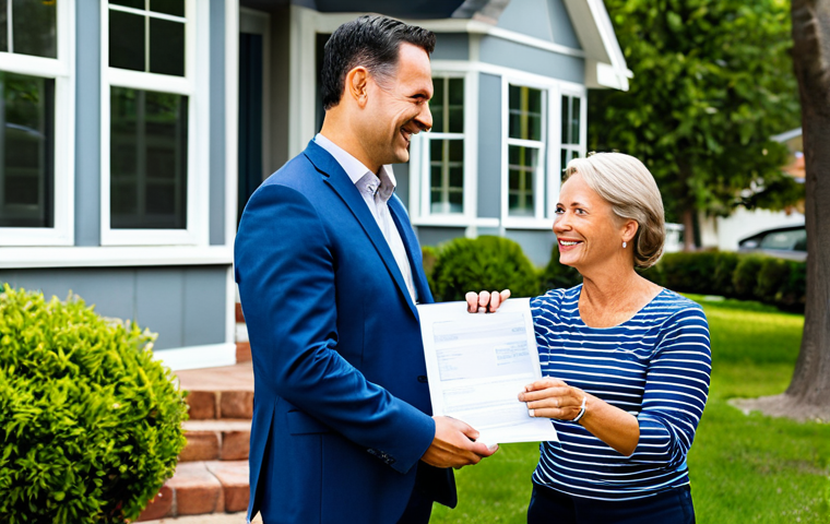 Professional Real Estate Transaction**

*   **Subject:** A real estate agent (male or female, appropriate attire) shaking hands with a family in front of a modest home.
*   **Setting:** Sunny day, suburban neighborhood.
*   **Details:** Agent holding documents (representing transparency). Family smiling, appearing relieved and happy. House is well-maintained and inviting.
*   **Style:** Professional photography, bright and clean, emphasis on trust and security.
*   **Safety:** Fully clothed, appropriate content, professional, modest, family-friendly, safe for work, perfect anatomy, natural proportions, well-formed hands, proper finger count, natural body proportions.

**